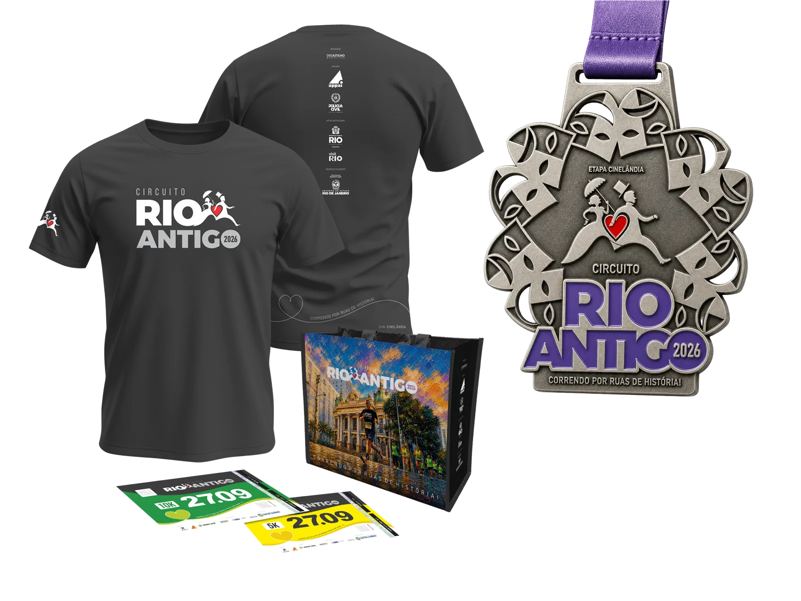 Kit Completo da Etapa Cinelândia: camiseta, sacola, medalha e números de peito 10K e 5K