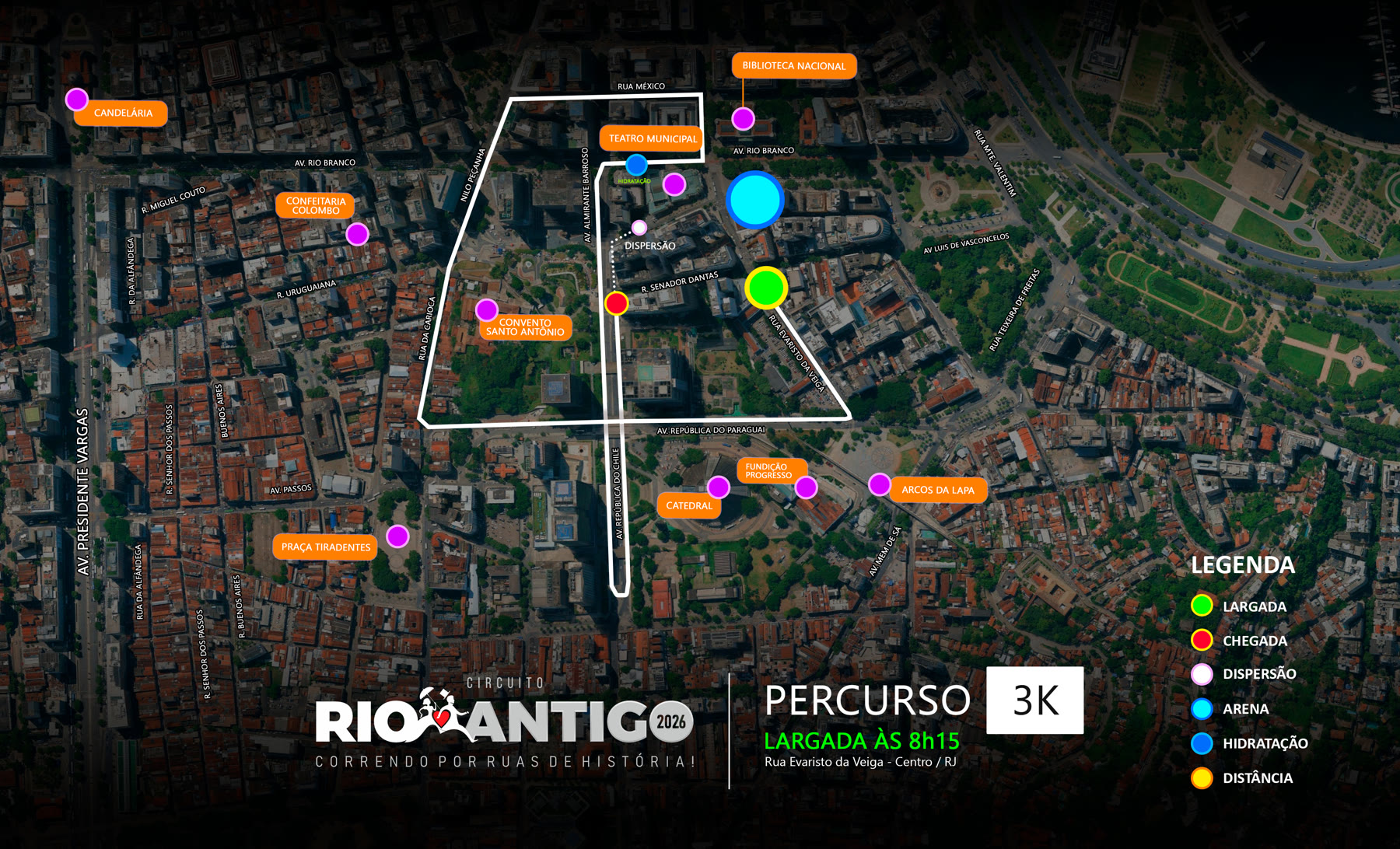 Mapa do percurso da caminhada de 3K da Etapa Cinelândia